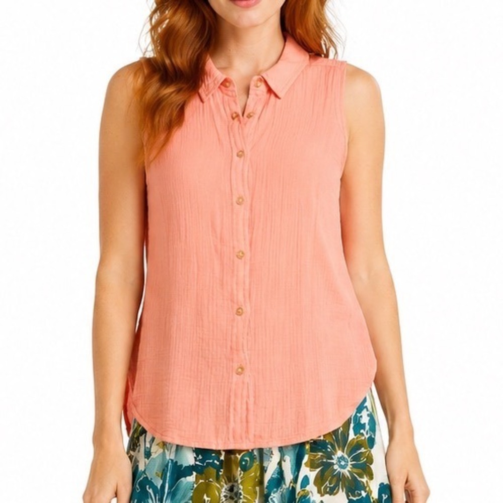 LL Bean Sleeveless Cotton Double Gauze Button Down Coral Pink S Spring Utility
